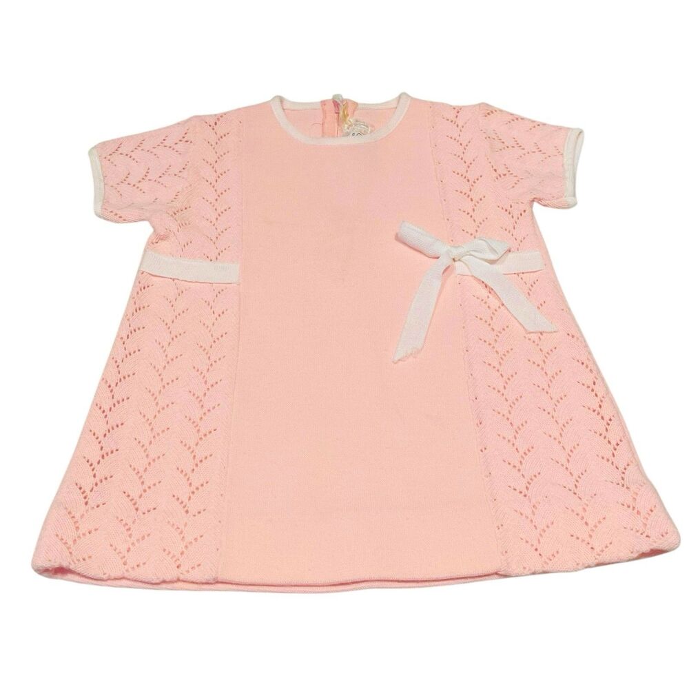 Vintage Little World Dress Mod A-line Pink Knit 70s Spring Sz 12-18 Month
